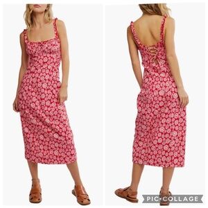 Free People Lucinda Floral Midi Dress Tomato Daisy Red XS